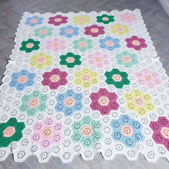 Handmade Other - Handmade Crochet Afghan Wht Multi Honeycomb 68x85 Handmade Other - Handmade Crochet Afghan Wht Multi Honeycomb 68x85